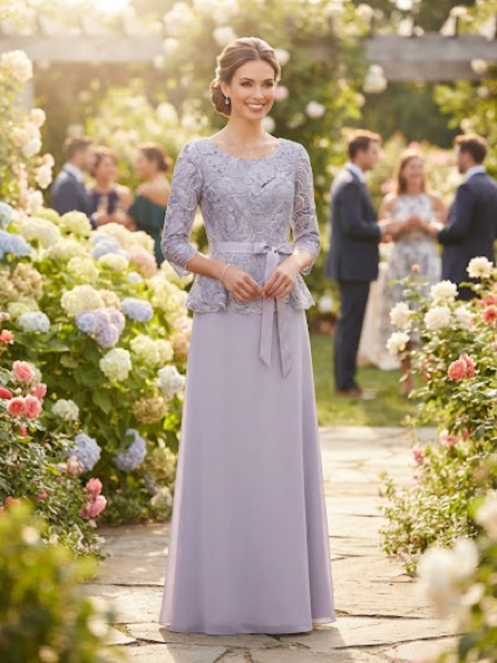 Alex Evenings Lavender Lace Peplum Gown with Sash